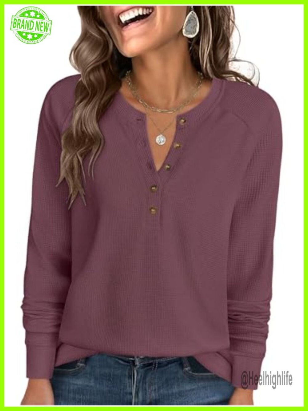 Waffle Knit Henley Top Long Sleeve Loose Fit V Neck Button Up Casual Tunic